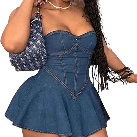 Dresses & Skirts - Women's Denim Tube Dress Sleeveless Mini Dress Flared Hem Casual